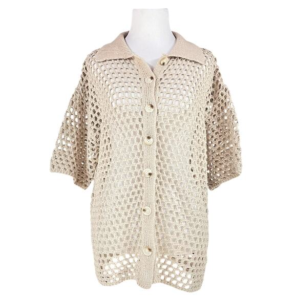 PRETTY GARBAGE NWT Short-Sleeve Open Stitch Collared Cardigan in Beige Size S - Picture 2 of 9
